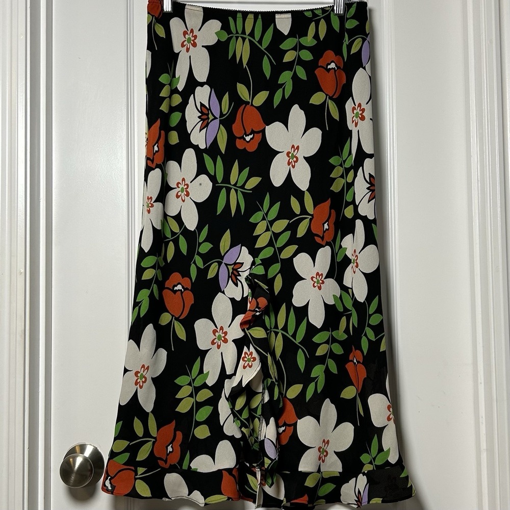 Dress-U by Sharon Vintage Multicolor Floral Print‎ Ruffled Front Slit Midi Skirt